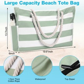 Abbylike 4 Pack Beach Bags for Women with 8 Pack Waterproof Phone Pouch Large Stripe Tote Bag with Zipper Waterproof Sandproof for Swimming Pool Beach