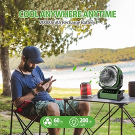 AddAcc 20000mAh Rechargeable Camping Fan - Battery Operated Fan with Light & Remote, Auto Oscillating, 4 Timer, 60 Hrs Work Cordless Tent Fan for Travel Outdoor RV Garage Power Outage Emergency