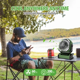 AddAcc 20000mAh Rechargeable Camping Fan - Battery Operated Fan with Light & Remote, Auto Oscillating, 4 Timer, 60 Hrs Work Cordless Tent Fan for Travel Outdoor RV Garage Power Outage Emergency