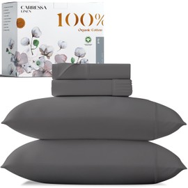 Carressa Linen 100% Organic Cotton Full Size Sheets Set - 4 Piece Pure Long Staple Sateen Weave Soft Cooling Sheets for Full Size Bed, Organic Cotton Full Sheets, Fits Upto 18" Deep Pocket - Dark Grey