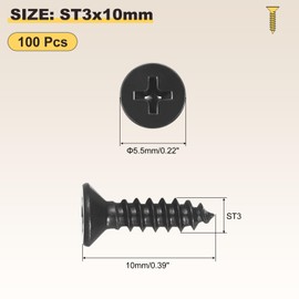 METALLIXITY Countersunk Phillips Wood Screws (ST3x10mm) 100Pcs, Carbon Steel Coarse Thread Phillips Drive Flat Head Wood Screws - for Furniture Installation Repair, Black