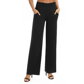 EXCHIC Women's Solid Loose Straight Leg Palazzo Pants High Waist Stretchy Lounge Trousers with Pockets (XL, Black)