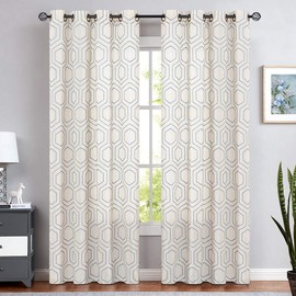Blue Linen Like Window Curtains Honeycomb Embroidered Design Living Room Curtain Drapes Bedroom Bronze Grommet Window Treatment Set 1 Pair 84 inch