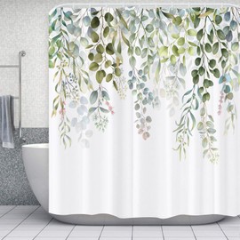 Newhomestyle Summer Green Leaves Shower Curtain, Pink Flowers Waterproof Polyester Bath Bathroom Curtain, Spring Washable Quick Dry Bathtub Curtain Decorate with 12 Hooks, 180x180cm/ 71X71 in