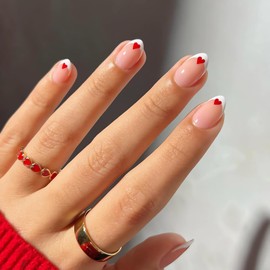 White French Tip Press on Nails Red Heart Fake Nails Glossy Pink Valentine’s Day Acrylic False Nails Short Almond Glue on Nails Cute Artificial Nails Small Heart Valentines Stick on Nails for Women