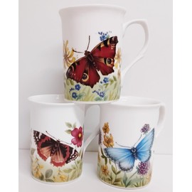 Rainbow Decors Garden Butterflies Mugs Set of 3 Bone China 300 ml Cups Hand Decorated in UK