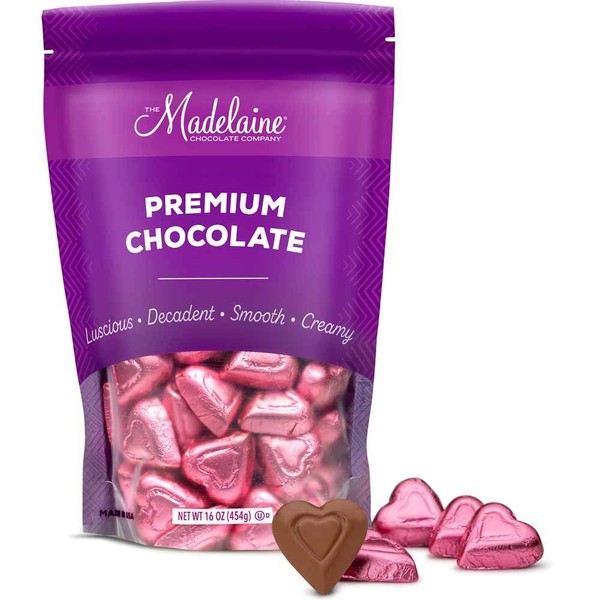 Madelaine Solid Premium Milk Chocolate Mini Hearts - Valentines Candy - Individually Wrapped In Italian Foil (Pink Candy, 1 LB)