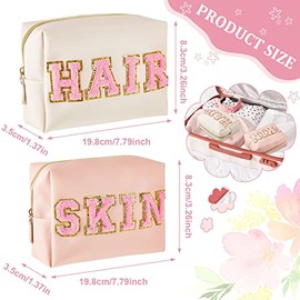 Patelai 2 Bolsas de Maquillaje de Preppy Bolso con Parche de Letras de Chenilla Bolsa de Cosméticos Estética de Face Skin Hair Stuff Bolsa con Cremall