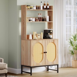 YITAHOME Bakers Rack with Storage and Power Outlet, 5 Tiers Woven Rattan Kitchen Microwave Stand Cabinet, Farmhouse Coffee Bar Station with Hutch Shelves, Oak