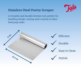 Tala Stainless Steel Scraper, Perfect Pastry and Cookie Dough and Ideal for Shaping and Moving Prepared and Baked Goods, Handle and Measurement Markings for Ease of use, Silver, 12.4 x 9 x 3.5in
