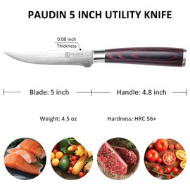 PAUDIN Utility Knife 5 Inch Kitchen Knife, Ultra Sharp High Carbon Stainless Steel Small Chef Knife with Sheath, Kitchen Utility Knife with Ergonomic Pakkawood Handle
