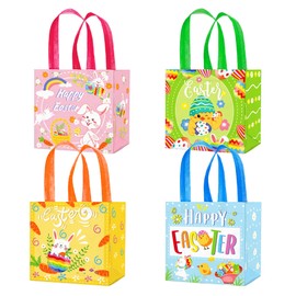 Smorde 4 Pack Easter Non-Woven Bags with Handles, Easter gift bags, Bunny Easter Egg Hunt Party Treat Bag Waterproof Reusable Bag for Easter party