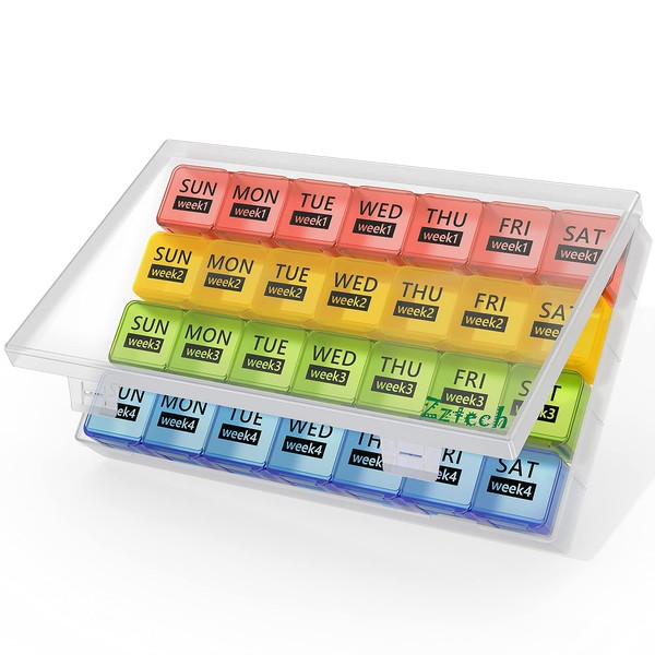 Zzteck Monthly Pill Organizer 28 Day Pill Box Organizerd, Large 4 Weeks One Month Pill Cases with Dust-Proof Container for Pills, Vitamin, Fish Oil, Supplements (Rainbow)