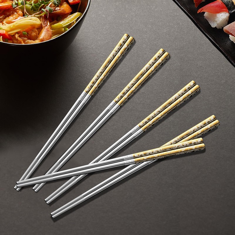 A · HOUSEWARE 5 Pairs Gold Dragon Chopsticks Set Stainless