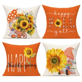 All Smiles Fall Sunflower Throw Pillow Covers 20x20 Set of 4 Orange Autumn Decor Outdoor Thanksgiving Decorative Cushion Cases Home Décor Decorations for Patio Couch Chair Sofa,Gnomes