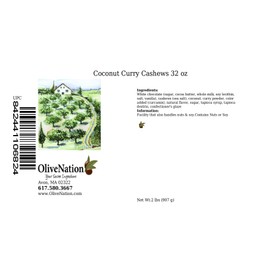 OliveNation Coconut Curry Cashews, Dry Roasted Cashew Nuts in White Chocolate, Coconut, and Curry Coating - 32 ounces