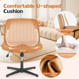 Simple Deluxe Criss Cross Legged Chair with Back Office Desk Chair PU Leathe No Wheels Comfy Wide Vanity Chair Swivel Armless Height Adjustable Chair Computer Chair for Home Officee Brown