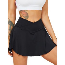 HAWILAND Women's Tennis Skirt, Trouser Skirt, Crossover Waist, V-Waistband, Tennis Skort with Pockets, Golf Skirt for Cycling, Hiking, Running, #1 Black