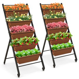 Giantex 2 Pcs Vertical Planter Raised Bed on Wheels, Elevated Garden Beds with Water Drainage Hole, Freestanding 5 Container Boxes for Herb Vegetables Flowers Growing, Outdoor Indoor Patio Balcony