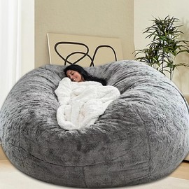 HDMLDP Bean Bag Chair for Adults Kids Without Filling Comfy Fluffy Giant Round Beanbag Lazy Sofa Cover for Reading Chair Floor Chair, 6FT, Grey