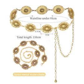 Augesak Women's Concho Chain Belt, Waist Chain, Vintage Daisy Chain Belt, Adjustable, Concho Chain Belt, Gold, Metal Western Cowgirl Chain Belt for Jeans Dress