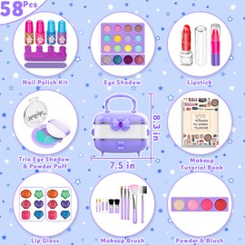 Hollyhi 58pcs Kids Real Makeup Sets for Girls, Safe Washable Children Pretend Dress Up Toys Make Up Starter Kit, Princess Christmas Birthday Gifts for Age 3 4 5 6 7 8 9 10 11 12 Year Old Girl (Purple)