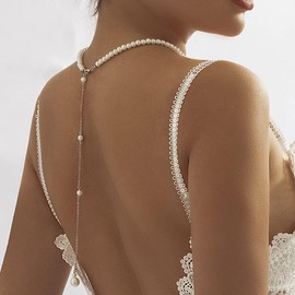 Boho Simple Bridal Back Jewelry Necklace Pearl Backdrop Choker Necklaces Party Wedding Prom Drop Pearls Necklace Body Chain Jewelry for Women Bridesmaids