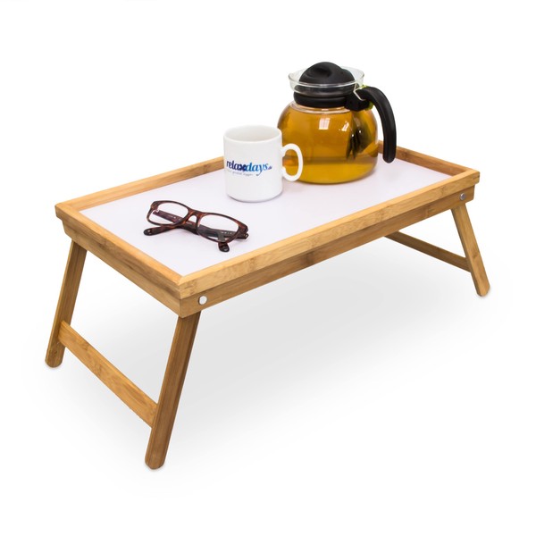 Relaxdays Bamboo Wooden Breakfast in Bed Tray, Serving Tray with Folding Legs w/ Plastic Surface, Natural Brown