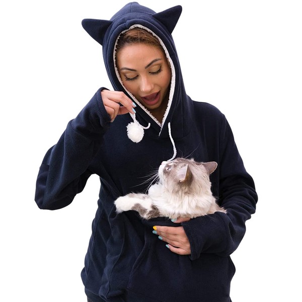 KangaKitty Cat Pouch Hoodie | Cat Hoodie with Ears | Cat Sweatshirt or Small Dog Pouch Hoodie | Womens Long Sleeve Sweatshirt | Pullover Sweatshirt | Kangaroo Hoodie | Wearable Cat Carrier (Large)