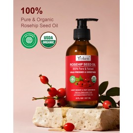 Yoken Rosehip Seed Oil Organic, USDA Certified 100% Pure Rosehip Oils for Face, Hair & Body, 8 fl oz Cold Pressed Rose Hip oil for Skin Moisturizing, Scar Fading, Gua Sha, Massage, Carrier Oil DIY
