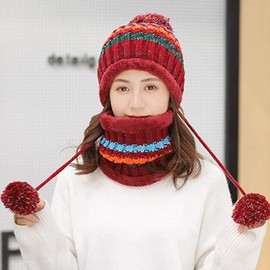 MAKFORT Women's Bobble Hat & Loop Scarf Set - Red - One Size Fits Most - Wool Blend - Windproof, Warm, Ear Warmer, Breathable - Skiing - Casual - Christmas, Birthday - Women's - Adult - Autumn-Winter