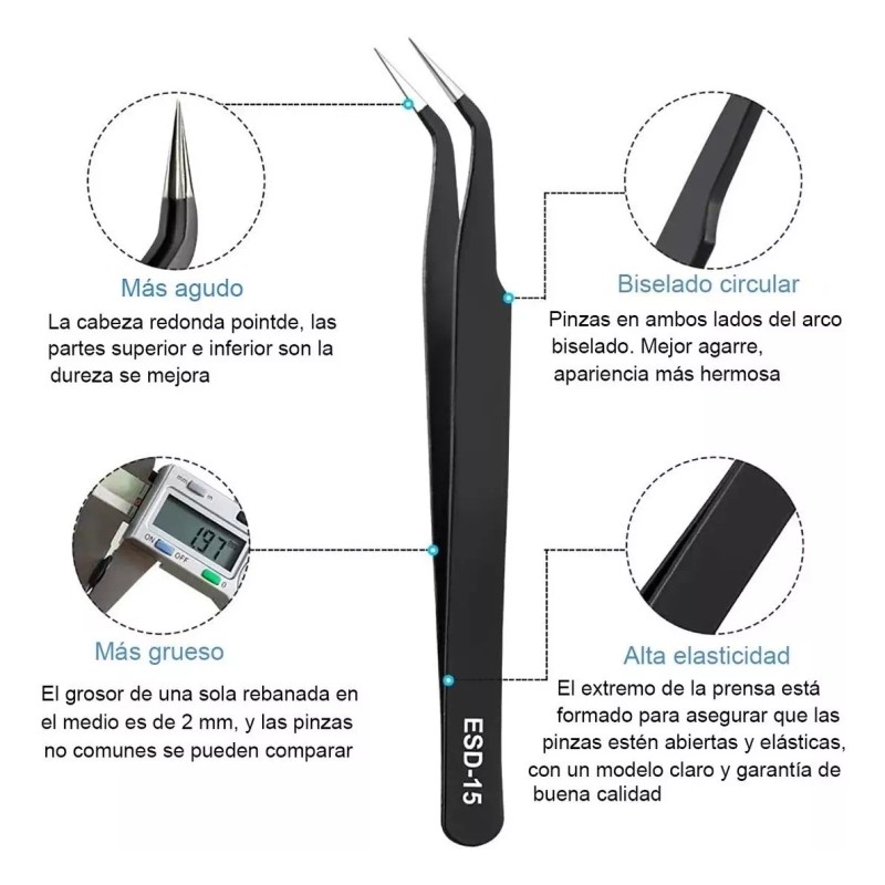 POLLITO DIABLO Kit Pinzas Antiestáticas De Precisión Acero Inoxidable 10pcs