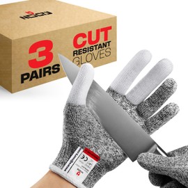 NoCry Cut Resistant Work Gloves for Women and Men, with Reinforced Fingers; Comfortable, 100% Food Grade Kitchen Cooking Gloves; Ambidextrous Safety Cutting Gloves; Level 5 Protection; Grey (3 Pack)
