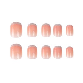 RikView Short Press on Nails French Fake Nails Nude Nails Square Acrylic Nails with Glitter Design
