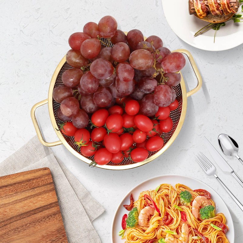 Gold Strainer for Kitchen, 3QT, Stainless Steel Colander with Handle