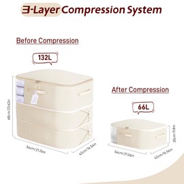 Large Capacity Comforter Storage Bags - 3-Layer Ultra Space Saving Self Compression Organizer, Washable & Tear-Resistant Blanket Storage Bags for Bedding, Pillows, and Seasonal Items, 2-Pack, Beige