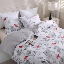 LONAVA King Size 3 Pieces Printed Duvet Cover Set, (Crimson Whisper,Light Grey) 1 Lightweight Flower Duvet Cover with Zipper Closure and 2 Pillowcases,Premium Soft Microfiber (No Comforter)
