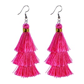 AD Beads Fashion Charm Crystal Silk Tassel 3 Layers Fan Fringe Dangle Earrings (25 Rose Red)