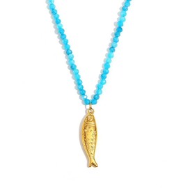 TACBSP Blue Beaded Fish Necklace for Women Beach Blue Crystal Adjustable Sardine Pendant Necklaces Boho Gold Fish Choker Necklace Summer Ocean Jewelry Gift for Women (Blue Beaded Fish)