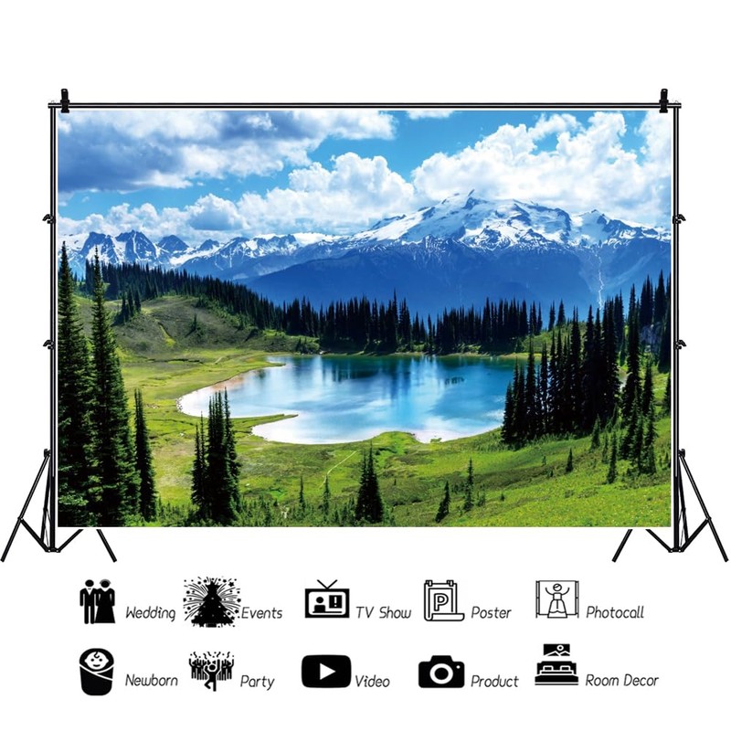 Lake Snow Mountain Pine Forest Backdrop 5x3ft Spring Background