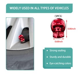 Dickno 5 PCS Skull Style Tire Valve Stem Caps with Rubber Ring, Red Eyes Car Air Caps Cover, Antirust Copper Liner Tire Caps, Universal Stem Covers for Cars, SUVs, Bikes, Trucks (Red)