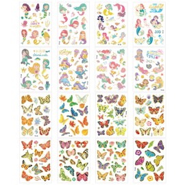 16 Sheets Tattoos for Kids, Under the Sea Mermaid & Butterfly Temporary Tattoos for Kids Girls Multi-Colored Cute Bronzing Cartoon Tattoos for Kids Birthday Party Favors (Assorted Styles)