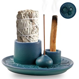 TDVCVZSD Porta Incienso de cerámica versátil, Quemador de Incienso de Palo Santo, Porta Velas con Bandeja recolectora de Cenizas, Resistente y Estable para Salvia, Varillas de Incienso o Velas (Azul)