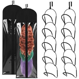Blulu 10 Pcs Wig Hangers Rack for Multiple Wigs with Dust-proof Storage Bags, Hanging Storage Organizer for Hat with Anti-slip Grips Space Saving for Door Wall Closet Bathroom (Black)
