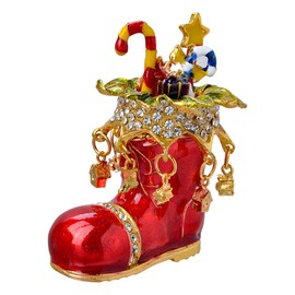 FJ FENGZHIJIE Golden Crystal Enameled Christmas Sock Jewelry Box, Hand-Painted Hinged Trinket Box, Festive Home Décor & Unique Holiday Gift
