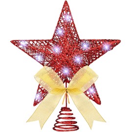 Sumind 12 Inch Christmas Tree Topper Glittered Star Treetop Ornaments with Bow and 30 LED String Light for Christmas Tree Indoor Holiday Party Decoration(Red)