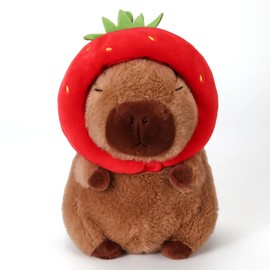 Riuhot Soft Capybara Stuffed Animals Cute Wear Strawberry Hat Capybara Plush Kawaii Plushie Christmas Valentine's Day Birthday for Kids(9in)
