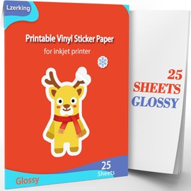 Lzerking Printable Vinyl Sticker Paper for Inkjet Printer - 25 Sheets Glossy White Self-Adhesive Waterproof Decal Sticker Paper - 8.5x11 Inches Dries Quickly Vivid Colors DIY Crafts