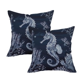 Fjfz Nautical Seahorse Decorative Throw Pillow Covers 18 x 18 Set of 2, Dark Blue Beach Coastal Ocean Coral Porch Outdoor Home Decor, Marine Life Sofa Couch Cushion Case Housewarming Gift