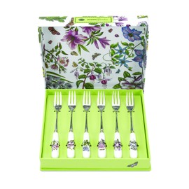 Portmeirion Botanic Garden 6" Pastry Forks (Set of 6) - Assorted Floral Motifs, Stainless Steel with Porcelain Handles, Chip-Resistant Glaze - Elegant Tableware for Sunday Brunch or Afternoon Tea